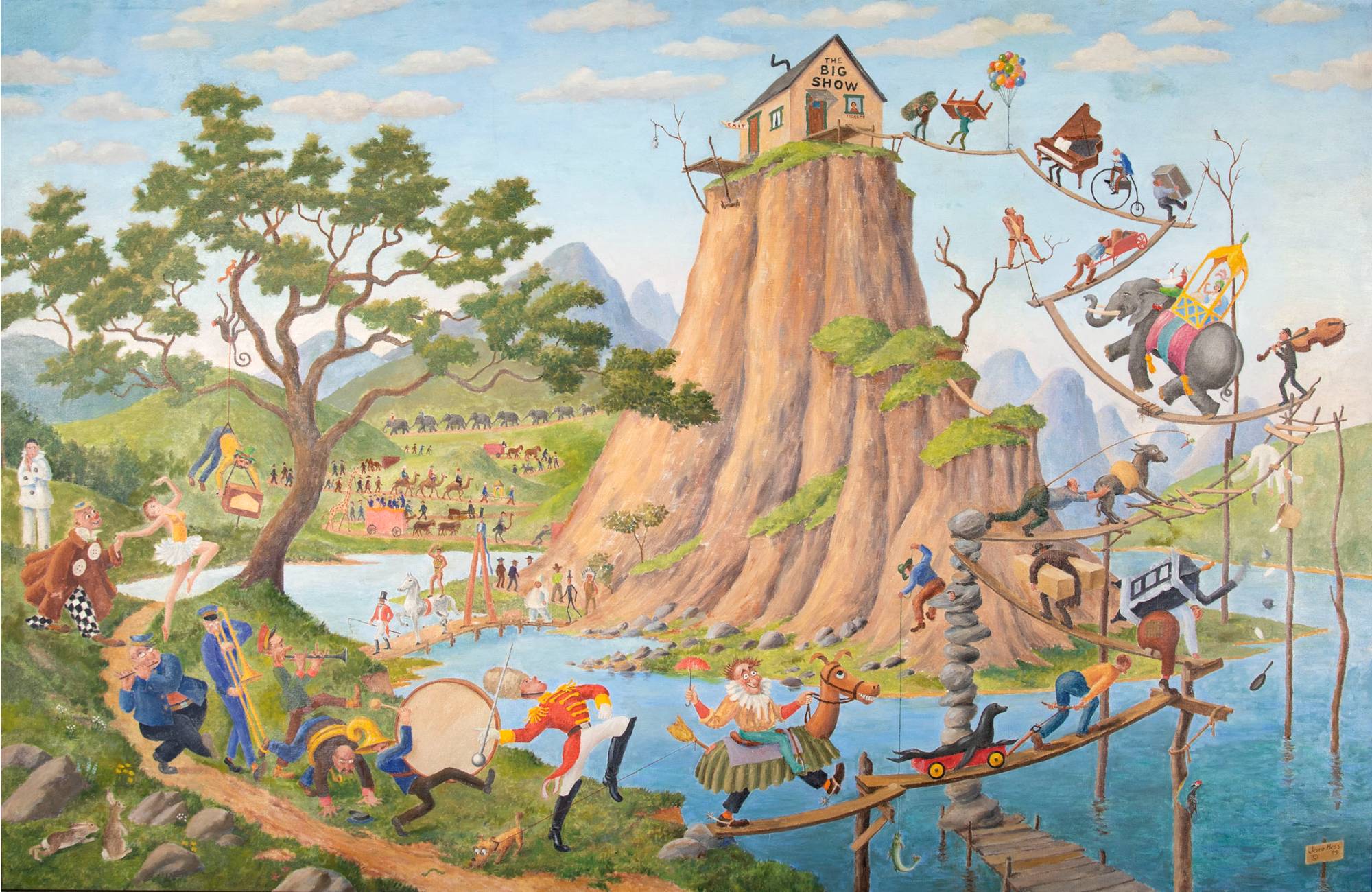 Colorful scene of a marching band walking a narrow pathway and bridge up to a house on the top of a rocky mountain surrounded by water.